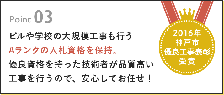 ビルや学校の大規模工事も行うAランクの入札資格入札資格を保持。優良資格を持った技術者が品質高い工事を行うので、安心してお任せ！